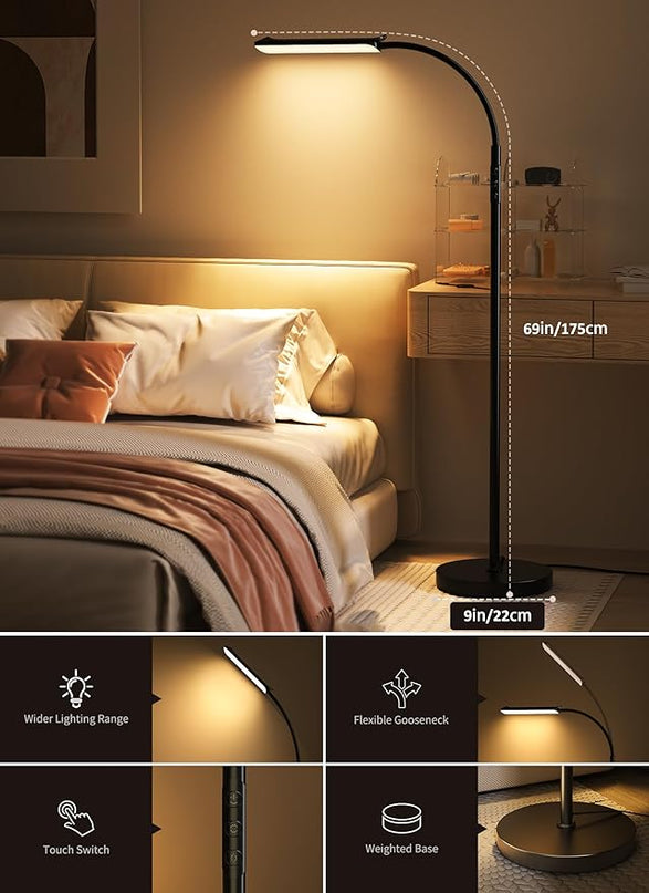 Brightown LED Floor Lamp - 18W Bright Lamp with Remote & Touch Control - 4 Color Temperatures with Memory & Timer, Adjustable Gooseneck for Reading - Ideal for Living Room, Bedroom, Office - LeafyLoom