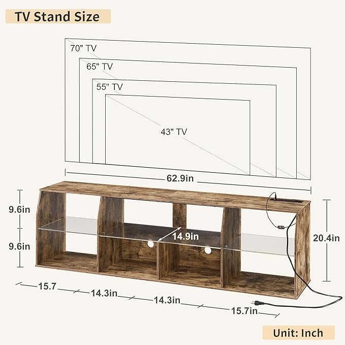 VECELO LED TV Stand Power Outlet for 65 inch Gaming Entertainment Center with 7 Open Storage Shelves, Industrial Television Cabinet for Living Room, Bedroom, Light Brown, 65inch - LeafyLoom