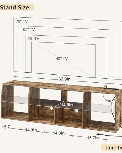 VECELO LED TV Stands Power Outlets, Entertainment Center with Glass Shelves, 7 Open Storage, Modern Television Cabinet for Living Room Bedroom, Light Brown, 65inch - LeafyLoom