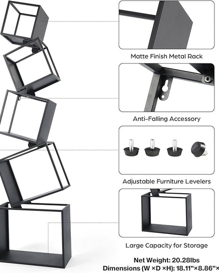 Bookshelf, 5-Tier Bookcase Black, 67" Tall Black Bookshelf, Modern Book Shelf, Storage Shelves for CDs/Books/Home Decor, Display Shelf for Living Room, Bedroom, Study Room, Nursery Room - LeafyLoom