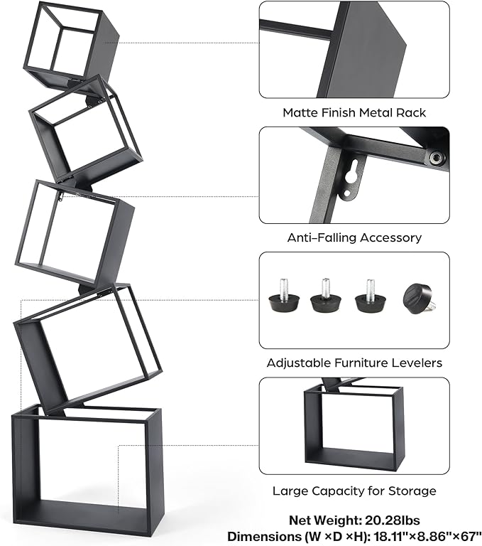 Bookshelf, 5-Tier Bookcase Black, 67" Tall Black Bookshelf, Modern Book Shelf, Storage Shelves for CDs/Books/Home Decor, Display Shelf for Living Room, Bedroom, Study Room, Nursery Room - LeafyLoom