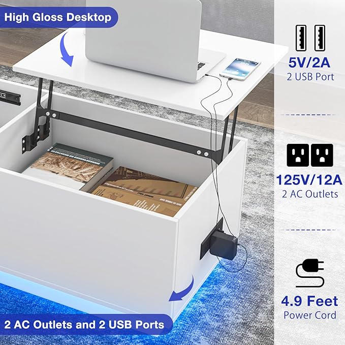 HOMMPA LED Coffee Table for Living Room Lift Top Coffee Tables with Power Outlet White Morden Center Table with Storage Hidden Compartment High Gloss Lift Tabletop - LeafyLoom