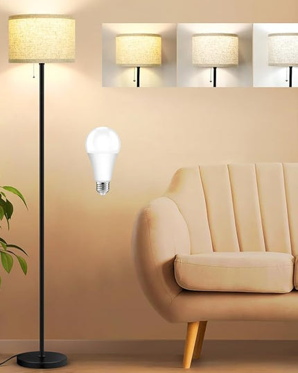 VerRon Floor Lamp for Living Room, Standing Lamp with 3 Color Temperatures LED Bulb, Tall Lamp for Bedroom Office, Black Floor Lamp with Pull Chain, Modern Corner Floor Lamp Bright Light - LeafyLoom