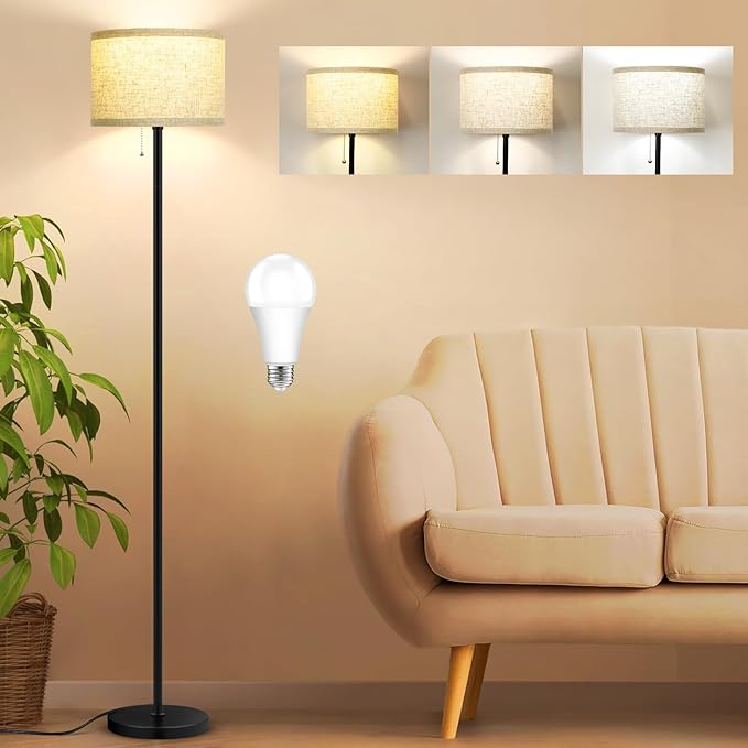 VerRon Floor Lamp for Living Room, Standing Lamp with 3 Color Temperatures LED Bulb, Tall Lamp for Bedroom Office, Black Floor Lamp with Pull Chain, Modern Corner Floor Lamp Bright Light - LeafyLoom