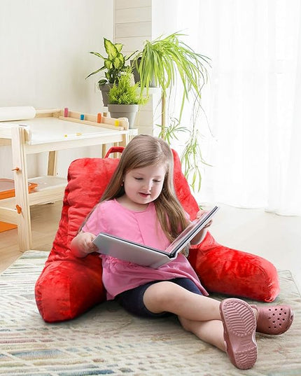 Clara Clark Reading Pillow for Kids, Small Back Pillow for Sitting Up in Bed, Memory Foam Back Support Pillow, Reading Pillows for Sitting in Bed, Red Gaming Pillow for Bed Chair with Arms and Pockets - LeafyLoom