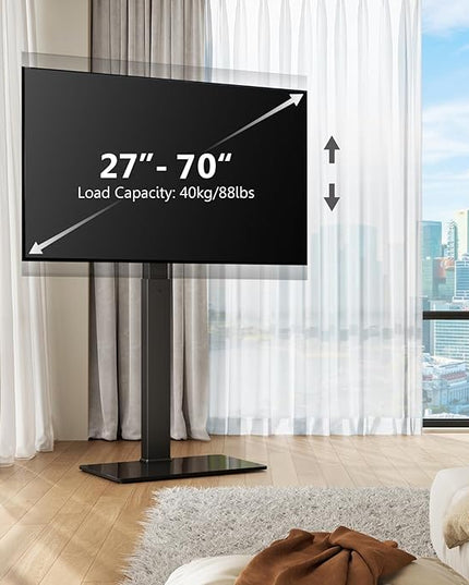 FITUEYES Universal Floor TV Stand Swivel Mount Height Adjustable for 27 32 55 65 70 inch Flat and Curved Screen TVs, Tempered Glass Base Black TV Stands with Cable Management Modern - LeafyLoom