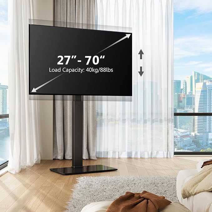 FITUEYES Universal Floor TV Stand Swivel Mount Height Adjustable for 27 32 55 65 70 inch Flat and Curved Screen TVs, Tempered Glass Base Black TV Stands with Cable Management Modern - LeafyLoom