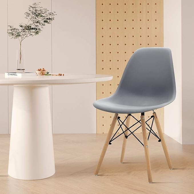 CangLong Modern Mid-Century Shell Lounge Plastic Natural Wooden Legs for Kitchen, Dining, Bedroom, Living Room Side Chairs, Set of 1, Grey - LeafyLoom
