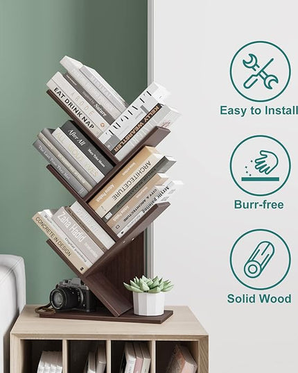 Tree Bookshelf, 5 -Tier Book Storage Organizer Shelves Floor Standing Bookcase, Wood Storage Rack for Office Home School Shelf Display for Cd/Magazine (Dark Walnut) - LeafyLoom