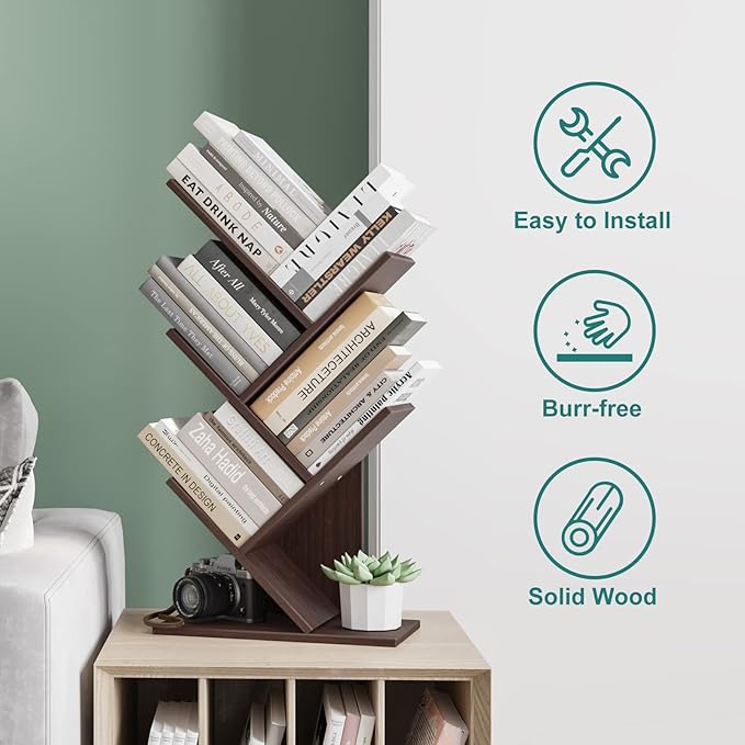 Tree Bookshelf, 5 -Tier Book Storage Organizer Shelves Floor Standing Bookcase, Wood Storage Rack for Office Home School Shelf Display for Cd/Magazine (Dark Walnut) - LeafyLoom