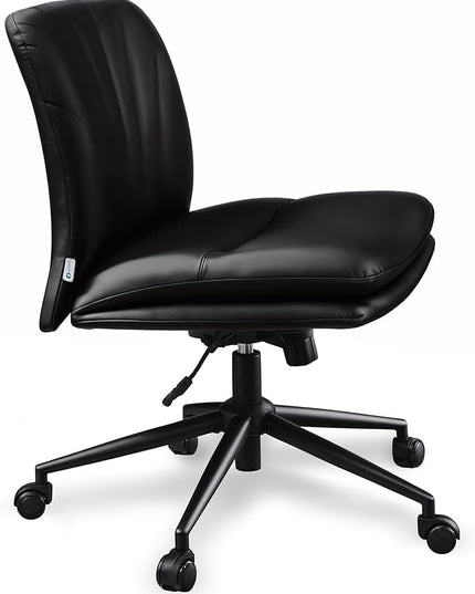 Criss Cross Chair with Wheels - Cross Legged Office Chair, Wide Armless Desk Chair Comfy Swivel Vanity Chair for Home Office, PU Leather - Black - LeafyLoom