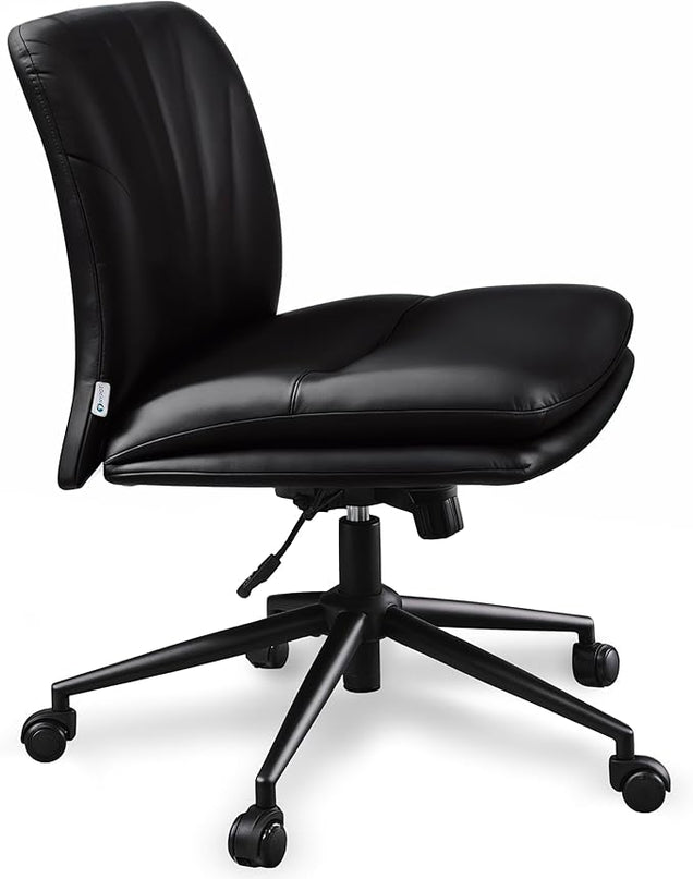 Criss Cross Chair with Wheels - Cross Legged Office Chair, Wide Armless Desk Chair Comfy Swivel Vanity Chair for Home Office, PU Leather - Black - LeafyLoom