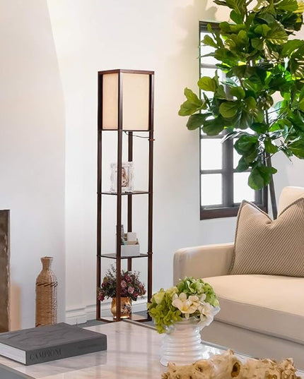 Brightech Maxwell - Modern Shelf Floor Lamp with Lamp Shade and LED Bulb - Corner Display Floor Lamps with Shelves for Living Room, Bedroom and Office - Havana Brown - LeafyLoom