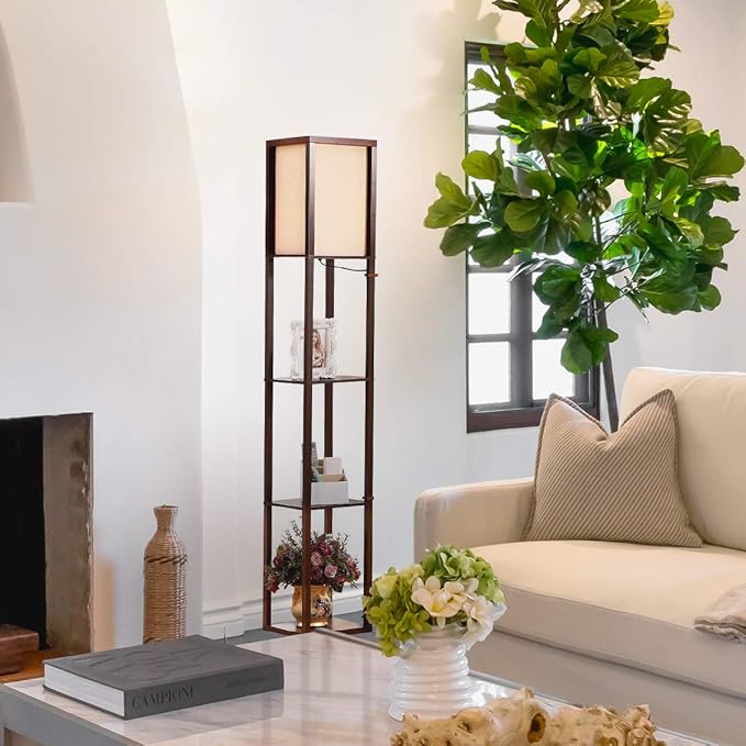 Brightech Maxwell - Modern Shelf Floor Lamp with Lamp Shade and LED Bulb - Corner Display Floor Lamps with Shelves for Living Room, Bedroom and Office - Havana Brown - LeafyLoom