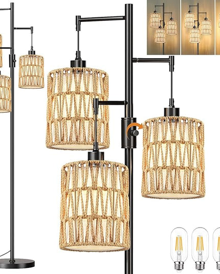 Dimmable Floor Lamp for Living Room with 3 Rattan Boho Shades,Farmhouse Floor Lamps with Three Led Bulb, Boho Rustic Standing Lamp Black Tree Tall Floor Pole Lamp for Living Bedroom,Office,Corner - LeafyLoom