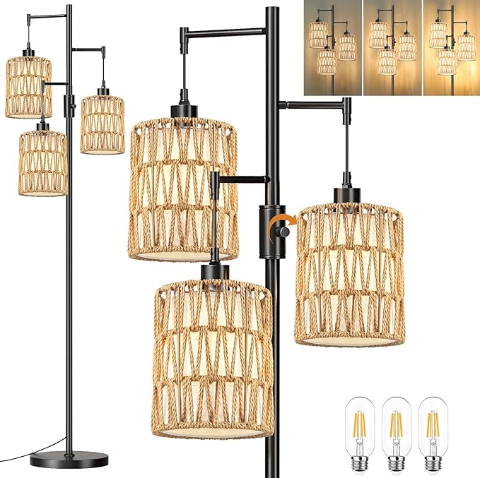 Dimmable Floor Lamp for Living Room with 3 Rattan Boho Shades,Farmhouse Floor Lamps with Three Led Bulb, Boho Rustic Standing Lamp Black Tree Tall Floor Pole Lamp for Living Bedroom,Office,Corner - LeafyLoom