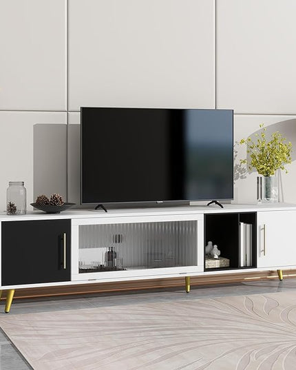 Merax Stylish TV Stand with Golden Metal Handles&Legs and Removable Compartment, Two-tone Media Console for Television Up to 80", Fluted Glass Door Storage Cabinet for Living Room, 78.7" Length, White - LeafyLoom