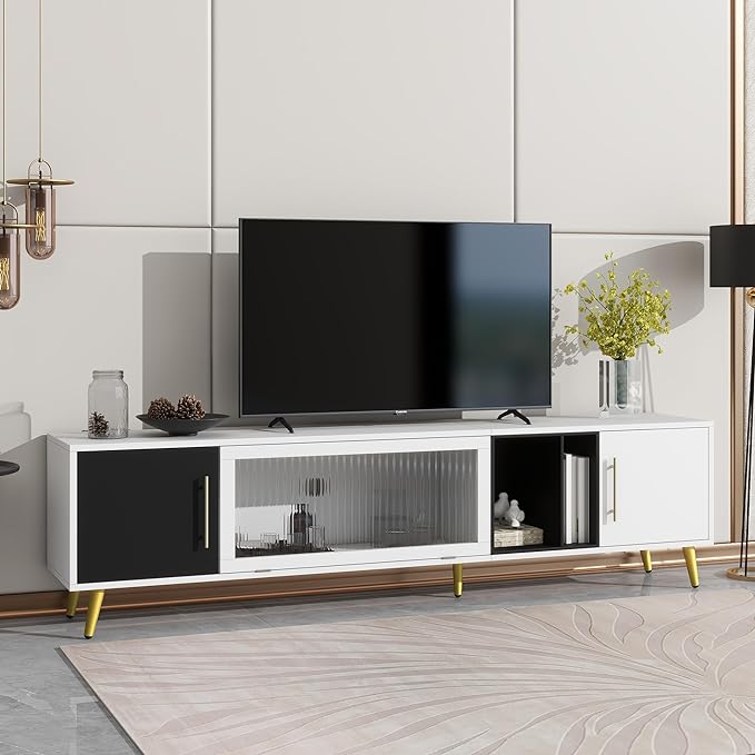 Merax Stylish TV Stand with Golden Metal Handles&Legs and Removable Compartment, Two-tone Media Console for Television Up to 80", Fluted Glass Door Storage Cabinet for Living Room, 78.7" Length, White - LeafyLoom