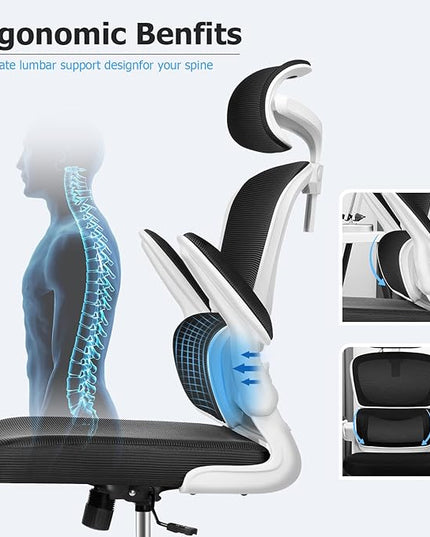 Office Desk Chair, Ergonomic High Back Mesh Office Chair with Lumbar Support and Adjustable Headrest, Swivel Computer Task Chair with Flip-up Arms, Executive Chairs for Home and Work (White) - LeafyLoom
