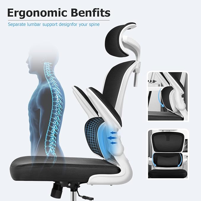 Office Desk Chair, Ergonomic High Back Mesh Office Chair with Lumbar Support and Adjustable Headrest, Swivel Computer Task Chair with Flip-up Arms, Executive Chairs for Home and Work (White) - LeafyLoom