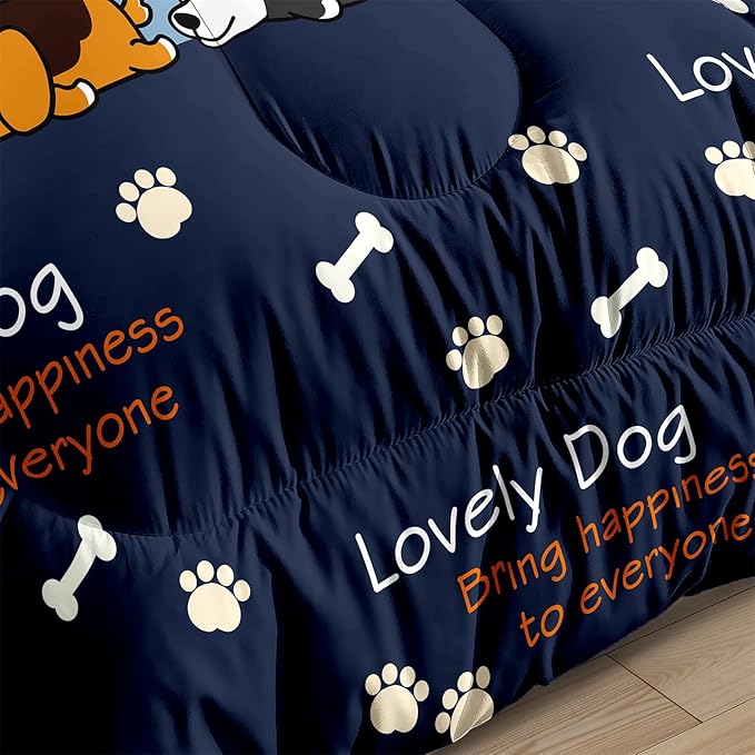 Bedding Set, 3Pcs Cartoon Dog Comforter Set for Boys, Queen Size, Lovely Puppy Patterns, Fun Animal Lover Quilt with 2 Pillowcases - LeafyLoom