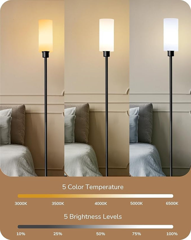 EDISHINE LED Corner Floor Lamp with Glass Lampshade, Modern Dimmable Reading Light with Remote, 65" Standing Tall Lamp for Living Room, Bedroom, Office, Bulb Included (Black) - LeafyLoom