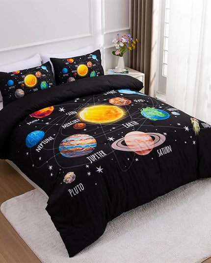 Aimuan Space Comforter Twin Set Kids Rocket Bedding Set Super Soft & Cute Aliens UFO Printed for Boys Girls Teen (Black 1, Full) - LeafyLoom