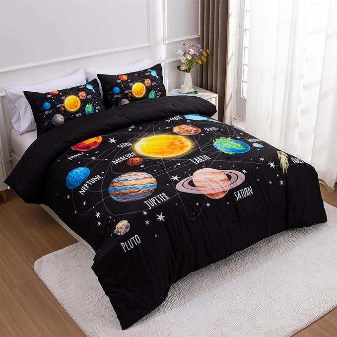 Aimuan Space Comforter Twin Set Kids Rocket Bedding Set Super Soft & Cute Aliens UFO Printed for Boys Girls Teen (Black 1, Full) - LeafyLoom