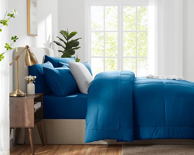 CozyLux Queen Size Comforter Set - 7 Pieces Bed in a Bag Set Teal, Bedding Sets Queen with All Season Quilted Comforter, Flat Sheet, Fitted Sheet, Pillowcases, Teal, Queen - LeafyLoom