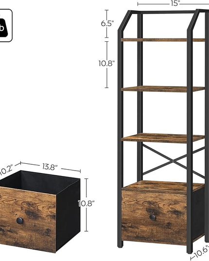 5 Tier Bookshelf, Book Shelf with Removable Drawer, Tall Narrow Bookcase with Shelves, Standing Display Shelf, Storage Organizer, for Bedroom, Home Office, Rustic Brown and Black SJ05BR - LeafyLoom