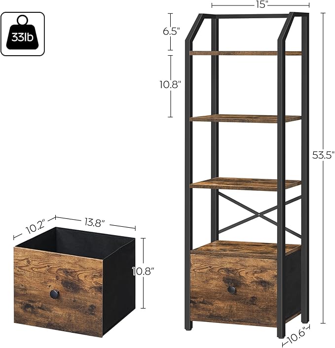 5 Tier Bookshelf, Book Shelf with Removable Drawer, Tall Narrow Bookcase with Shelves, Standing Display Shelf, Storage Organizer, for Bedroom, Home Office, Rustic Brown and Black SJ05BR - LeafyLoom