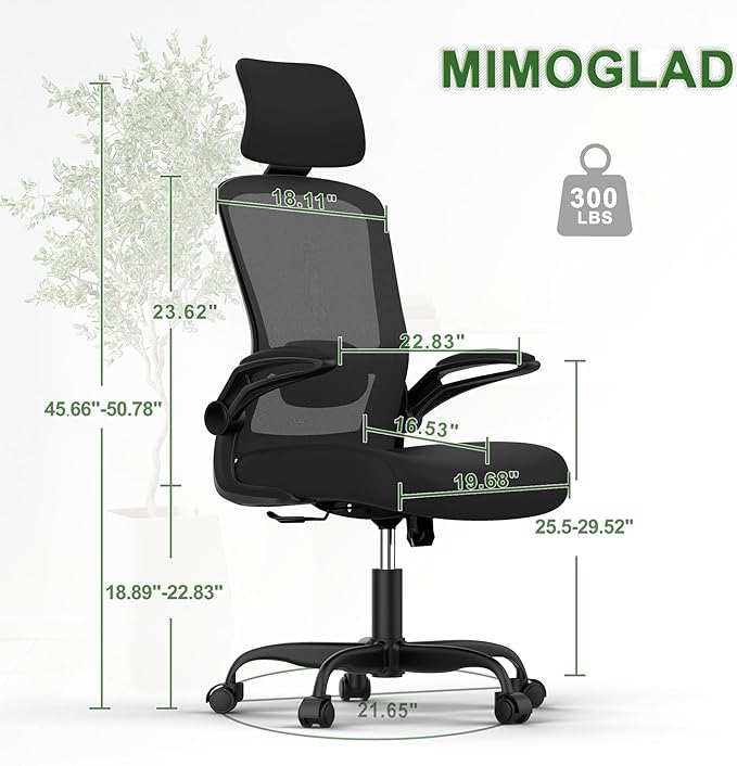 Mimoglad Home Office Chair, Ergonomic Desk Chair with Adjustable Lumbar Support, High Back Computer Chair- Adjustable Headrest with Flip-Up Arms, Swivel Task Chair for Home Office (Black) - LeafyLoom
