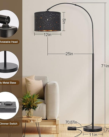 Dimmable Floor Lamp, Arc Floor Lamp for Living Room, Arched Tall Modern Standing Lamp with Adjustable Star Shade, Black Mid Century Floor Lamp Tall Pole Lamp for Bedrooms,Office, 9W LED Bulb Included - LeafyLoom