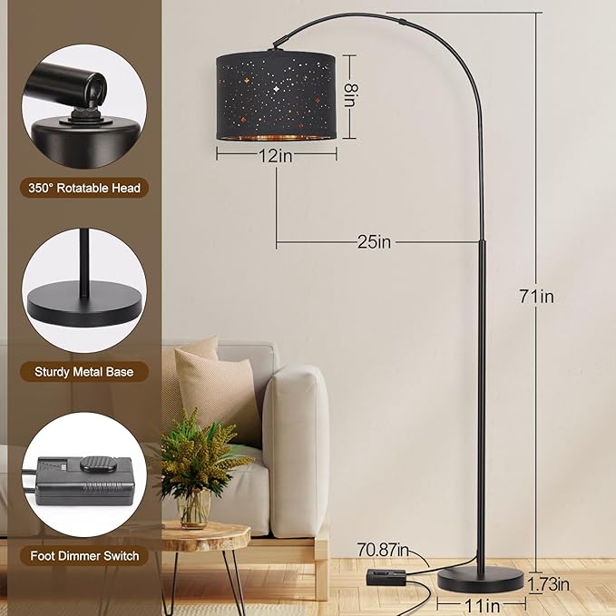 Dimmable Floor Lamp, Arc Floor Lamp for Living Room, Arched Tall Modern Standing Lamp with Adjustable Star Shade, Black Mid Century Floor Lamp Tall Pole Lamp for Bedrooms,Office, 9W LED Bulb Included - LeafyLoom