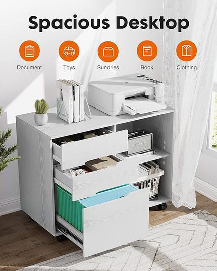 Sweetcrispy 3 Drawer File Cabinet Organizer Lateral Printer Stand Rolling Desk with Adjustable Storage Shelves for Office Home Small Space, White Wood - LeafyLoom