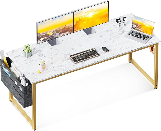 ODK Computer Desk Large Office Desk, 63 Inch Writing Desk with Storage, Modern PC Desk Work Table with Headphone Hook for Home Office, White Marble + Gold Leg - LeafyLoom