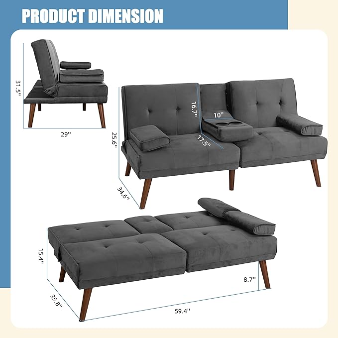 Shintenchi Futon Sofa Bed, Convertible Couch Bed Loveseat, Modern Futon Recliner Sleeper, Small Lazy Futon Set for Living Room, Office, Apartment,e, Dark Gray - LeafyLoom