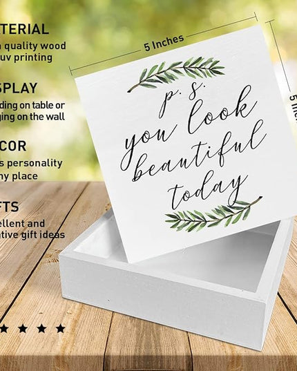 Home Office Desk Wooden Box Sign Decor, You Look Beautiful Today, Inspirational Quotes Desk Decor Motivational Desk Decorations for Women Girls Teens Student Office Classroom School - LeafyLoom
