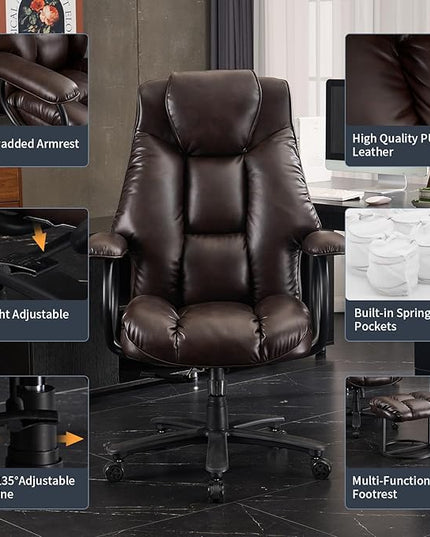Office Chair Big and Tall, High Back Home Office Chair 400 lbs, Executive Chair, Desk Chair, Ergonomic Office Chair with Padded Armrest, Swivel Computer Chair PU Leather (Dark Brown) - LeafyLoom