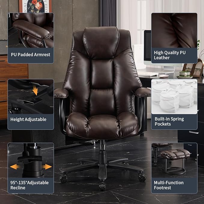 Office Chair Big and Tall, High Back Home Office Chair 400 lbs, Executive Chair, Desk Chair, Ergonomic Office Chair with Padded Armrest, Swivel Computer Chair PU Leather (Dark Brown) - LeafyLoom
