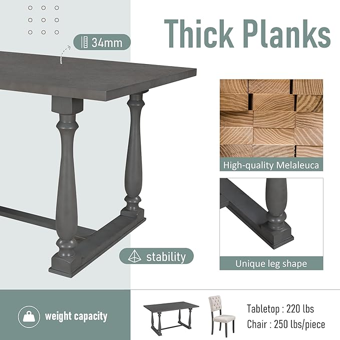 Dining Table Set for 6, 6-Piece Dining Table and Chair Set with Special-Shaped Legs and Foam-Covered Seat Backs & Cushions, Dining Room Table Set for Living Room, Grey+Beige - LeafyLoom