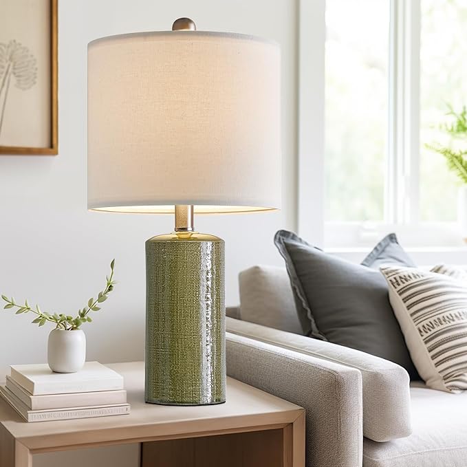 20.25" Small Table Lamps Set of 2 Modern Ceramic Lamps for Living Room Farmhouse Bedside Lamps Boho Lamps for Night Stands Green Bedroom Lamps Side Table Lamps End Table Lamps - LeafyLoom