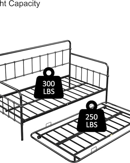 Twin Size Bed W/Slats,Metal Frame Daybed with Trundle and Anti-Noise Design,Space-Saving & Easy to Install,for Living Room Bedroom Apartment,Black - LeafyLoom