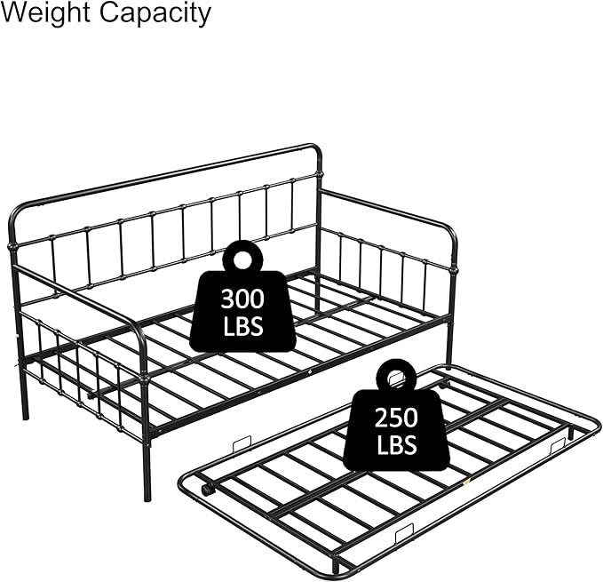 Twin Size Bed W/Slats,Metal Frame Daybed with Trundle and Anti-Noise Design,Space-Saving & Easy to Install,for Living Room Bedroom Apartment,Black - LeafyLoom