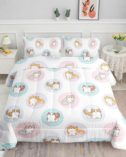 Datura home White Kawaii Cat Comforter Bedding Set Girls Kitten White Print Cute Animal Pattern Bedding Set 1 Comforter 2 Pillowcases Girls Bedroom All Season(Cat White Full) Full 80x90'' - LeafyLoom