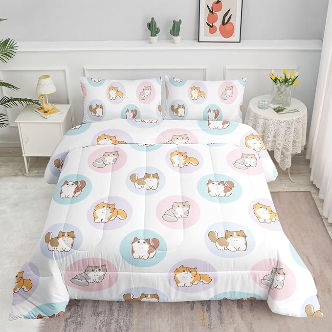 Datura home White Kawaii Cat Comter Bedding Set Girls Kitten White Print Cute Animal Pattern Bedding Set with 1 Comter and 2 Pillowcases Girls Bedroom All Season(Cat White), Queen 90x90inches - LeafyLoom