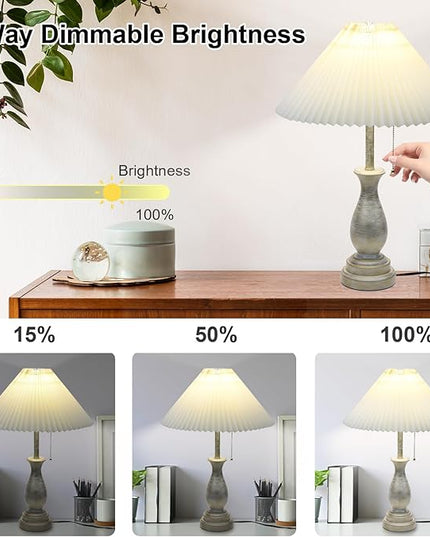 Farmhouse Table Lamp with Pull Chain Switch Control 3-Way Dimmable Table Lamp, Modern Nightstand Lamp Bedside Desk Lamp with Fabric Shade for Living Room Bedroom Hotel (Metal-Pack-01) - LeafyLoom