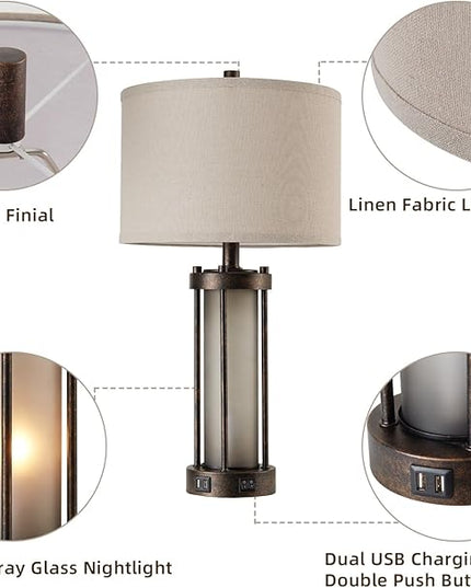 Set of 2 Farmhouse Table Lamps for Living Room, Vintage Rustic Nightstand Lamp with 2 USB Ports, Retro Gray Glass Night Light Desk Lamps for Bedroom Entryway, 4 Bulbs Included (Bronze Look) - LeafyLoom