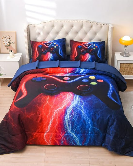 Meeting Story Gamer Gaming Bedding Sets Red-Blue Lightnings Gamepad Comforter Set for Boys Games Console Action Buttons Novelty Colorful Modern Room Decor Home Quilt Set (Red-Blue, Twin 5Pcs) - LeafyLoom