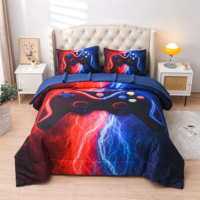 Meeting Story Gamer Gaming Bedding Sets Red-Blue Lightnings Gamepad Comforter Set for Boys Games Console Action Buttons Novelty Colorful Modern Room Decor Home Quilt Set (Red-Blue, Twin 5Pcs) - LeafyLoom